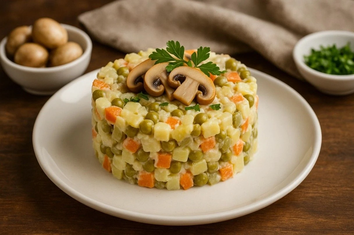 салат из овощей, украшенный грибами