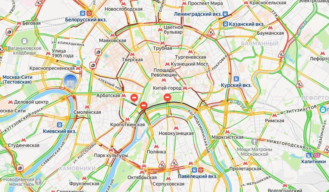 перекрытие дорог в Москве на карте