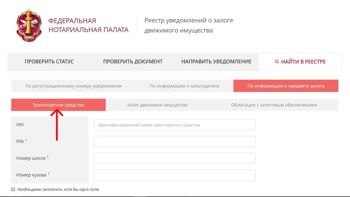 Внимательно впишите данные. Источник: reestr-zalogov.ru