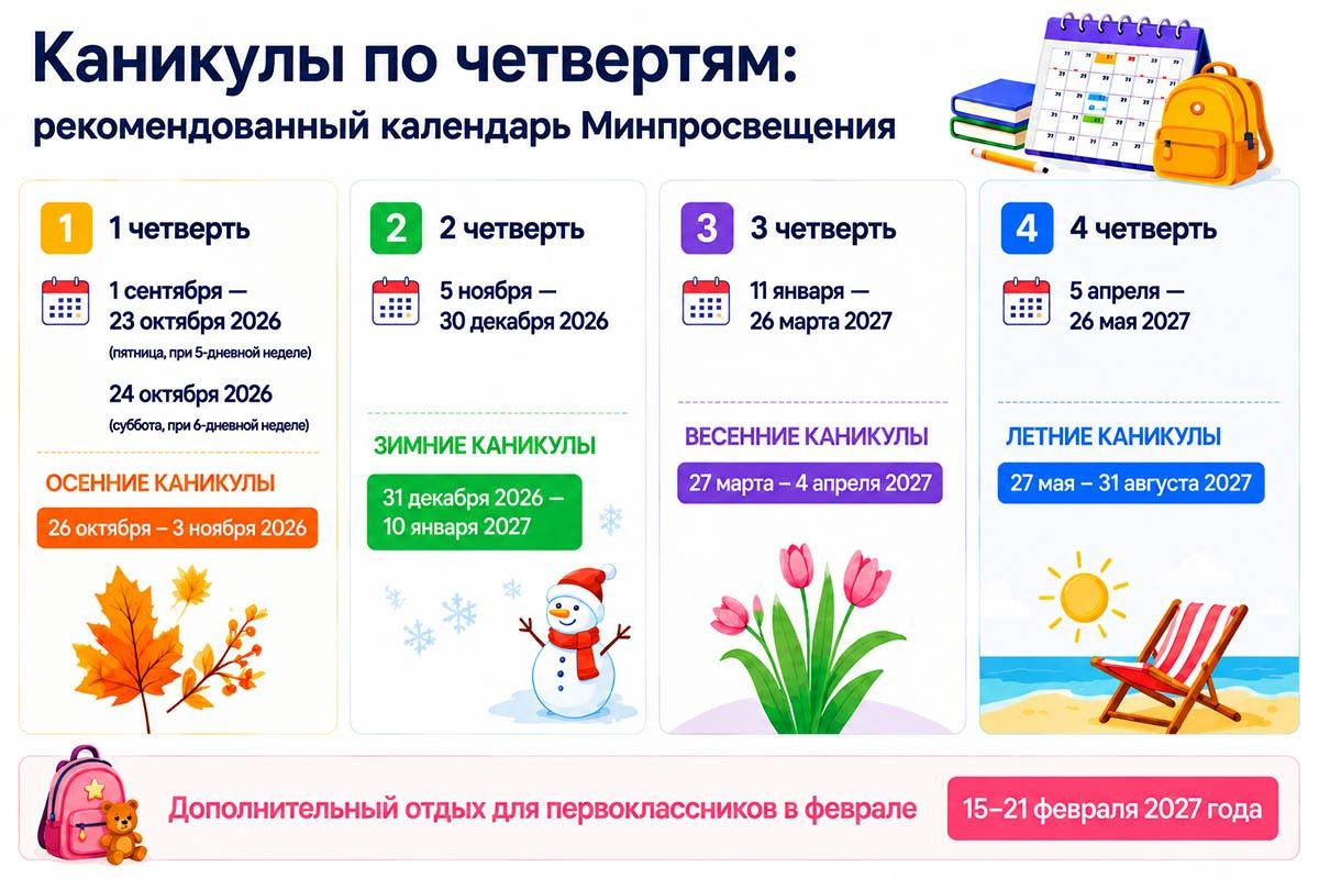 каникулы 2026-2027 по четвертям