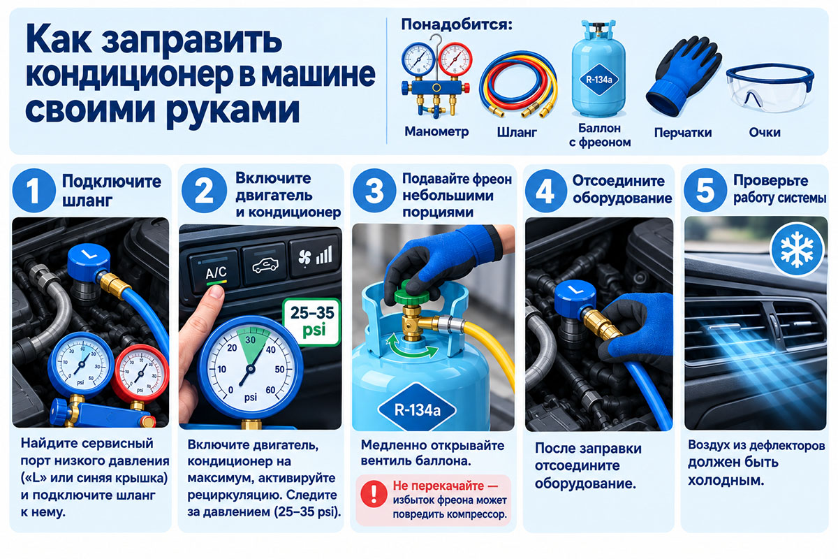 как заправить кондиционер в машине этапы