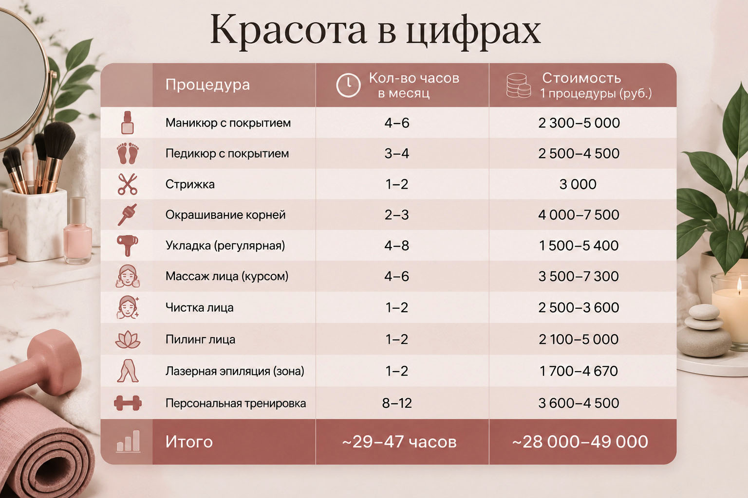 таблица траты на красоту
