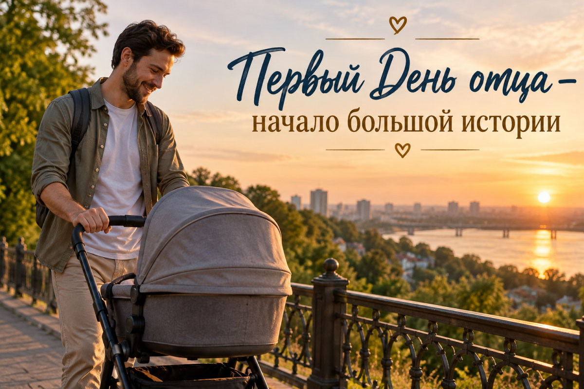 Молодой отец гуляет с младенцем в коляске