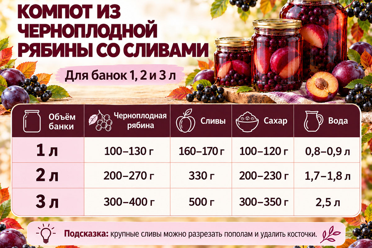 рецепт компота с черноплодкой и сливами
