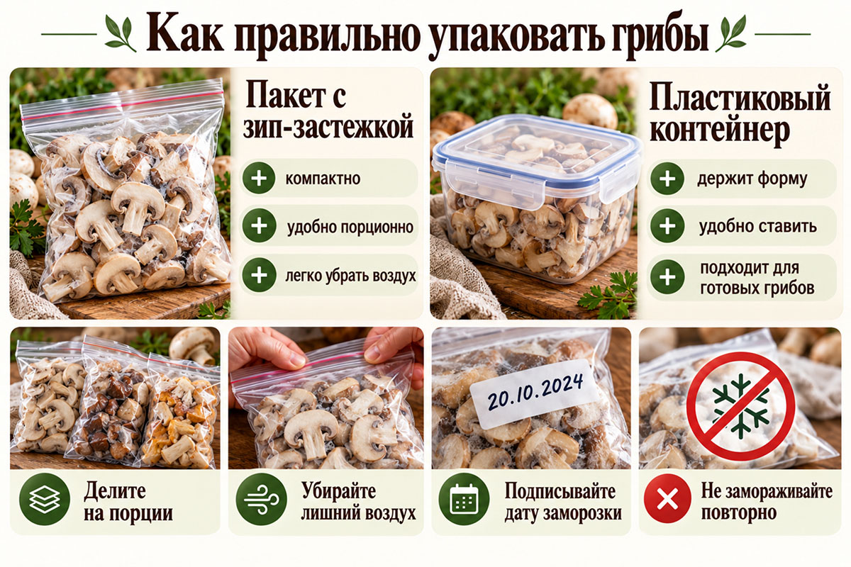 упаковка грибов в морозилке
