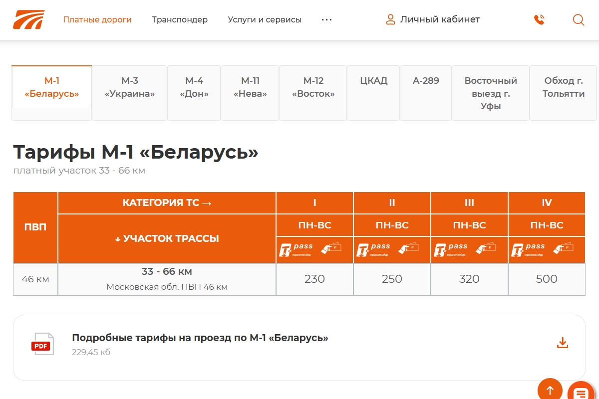 тарифы на проезд по трассе м-1