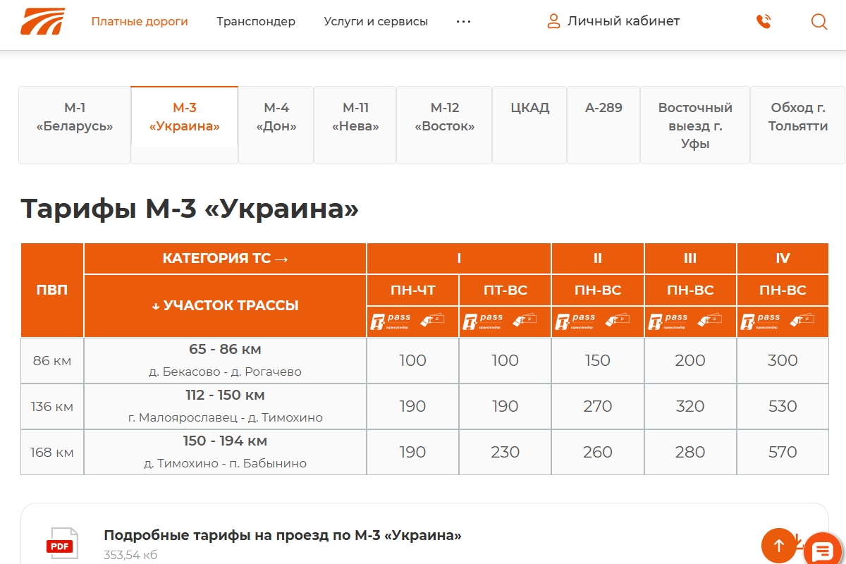 тарифы на проезд по трассе м-3