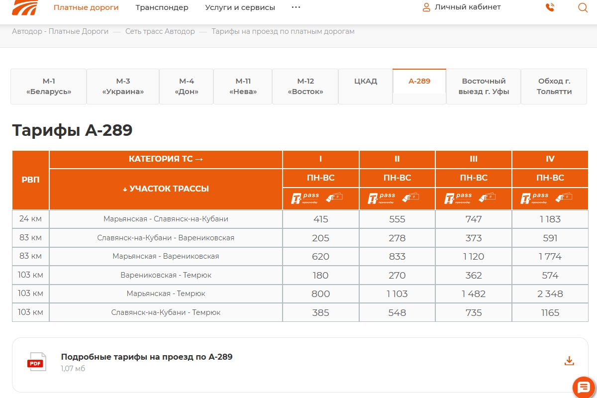 тарифы на проезд по трассе а-289