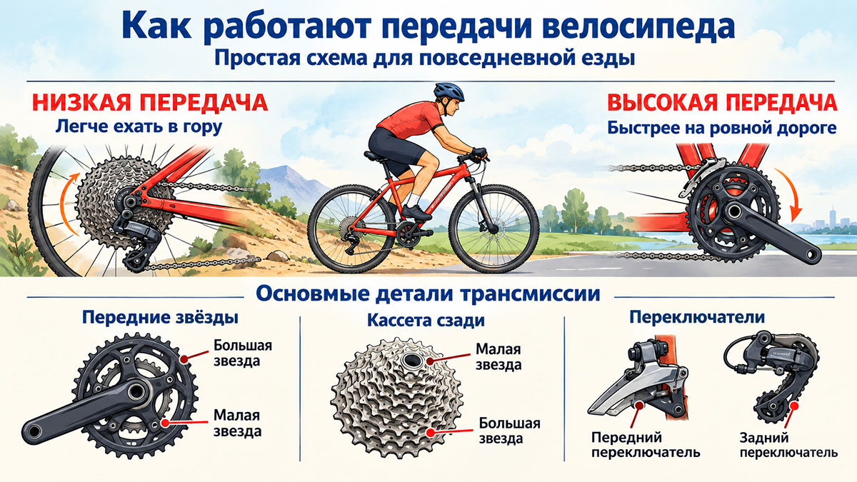 Схема передач и деталей трансмиссии велосипеда 