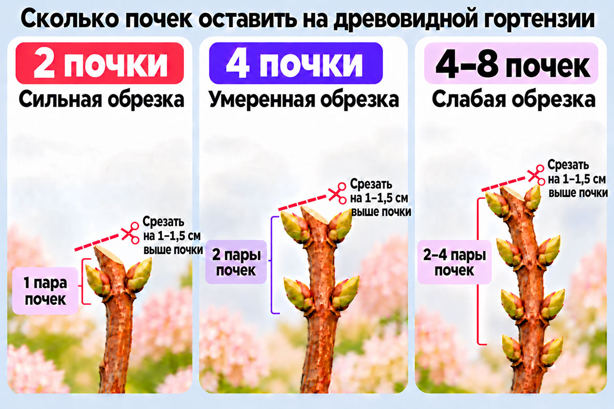 Сколько почек оставить при обрезке древовидной гортензии осенью.