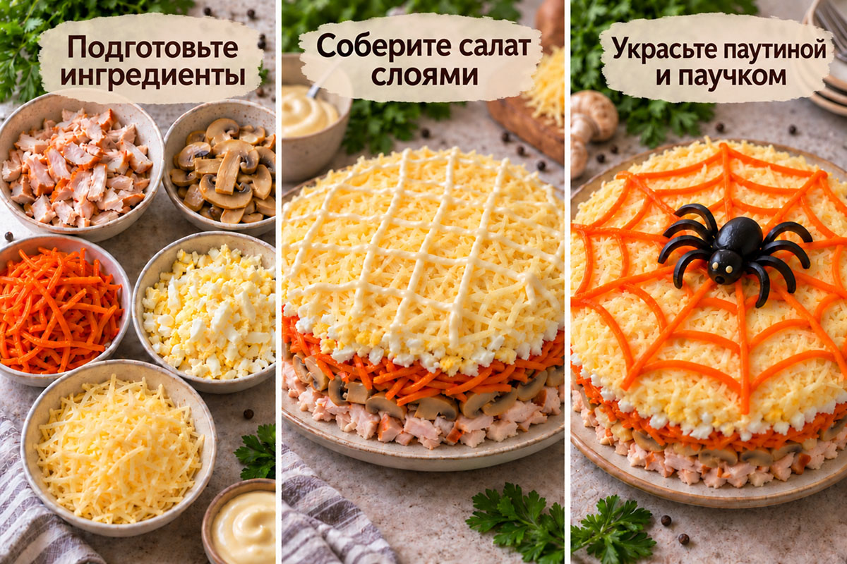 Пошаговая инструкция приготовления салата «Паутинка» на Хеллоуин: подготовка ингредиентов, сборка слоев и украшение паутиной и пауком