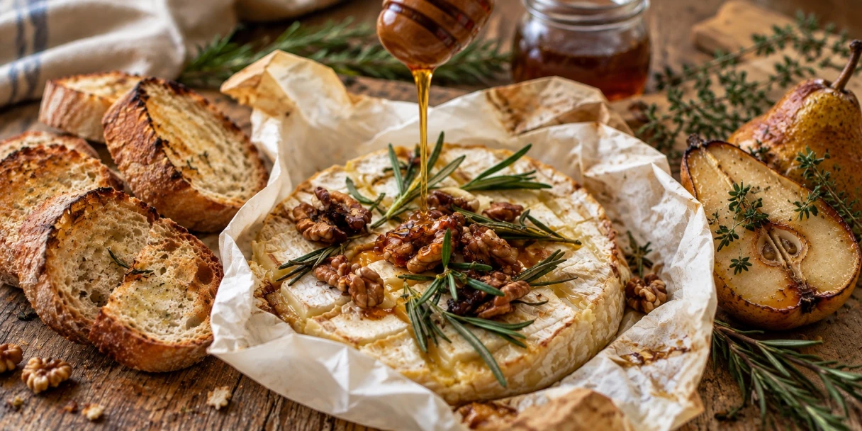 Камамбер в духовке с грушей, медом и хрустящим багетом