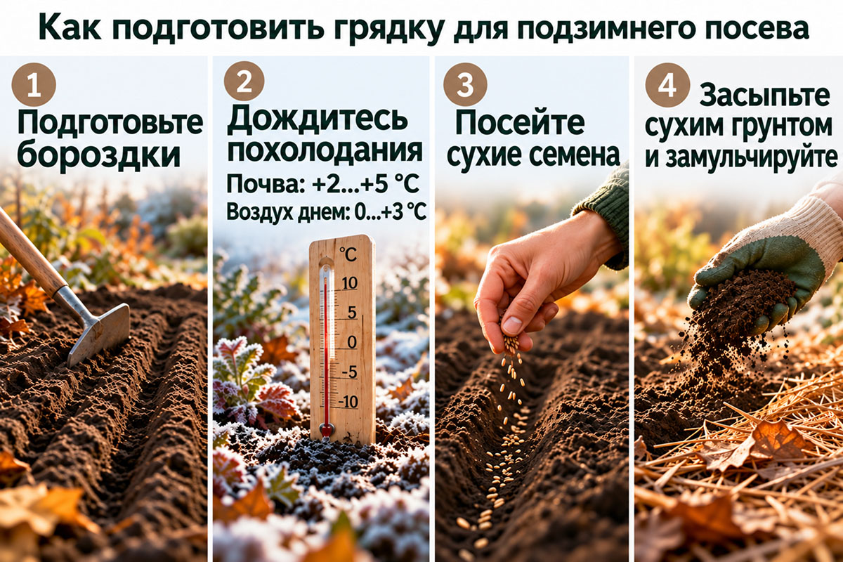 этапы подготовки грядки и подзимнего посева семян