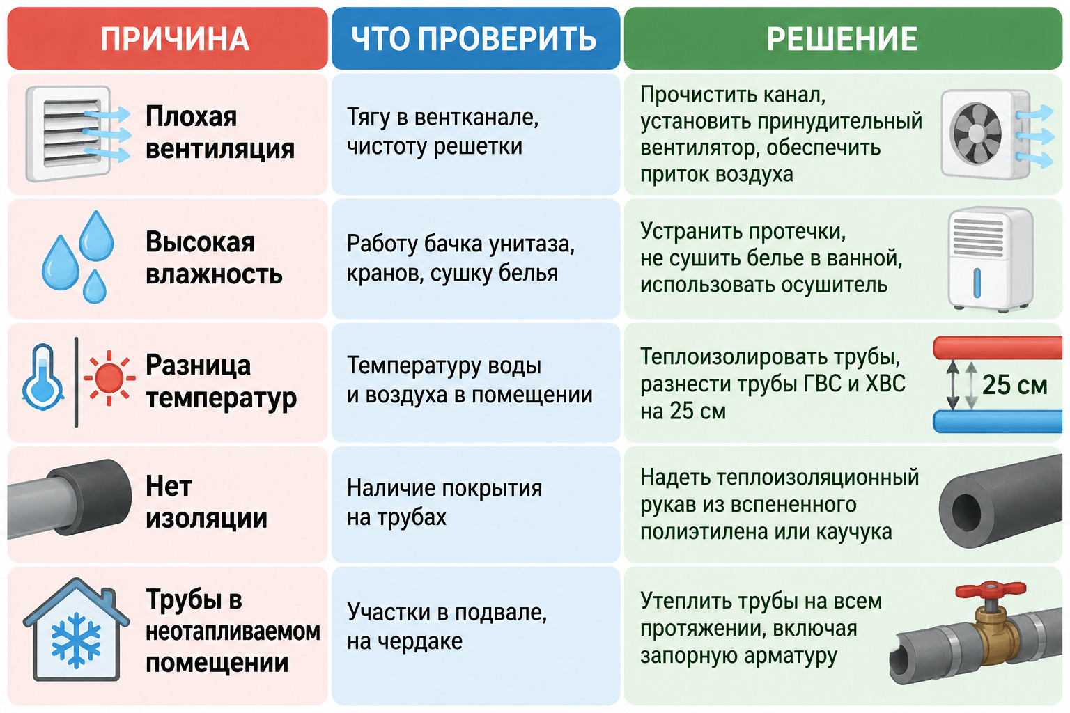 таблица схема что проверить если на трубах конденсат