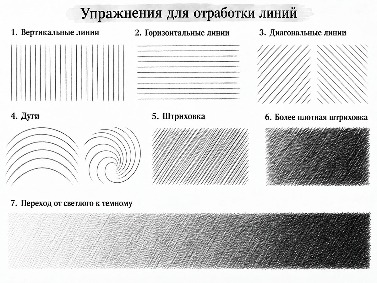 упражнения для отработки линий и штриховки