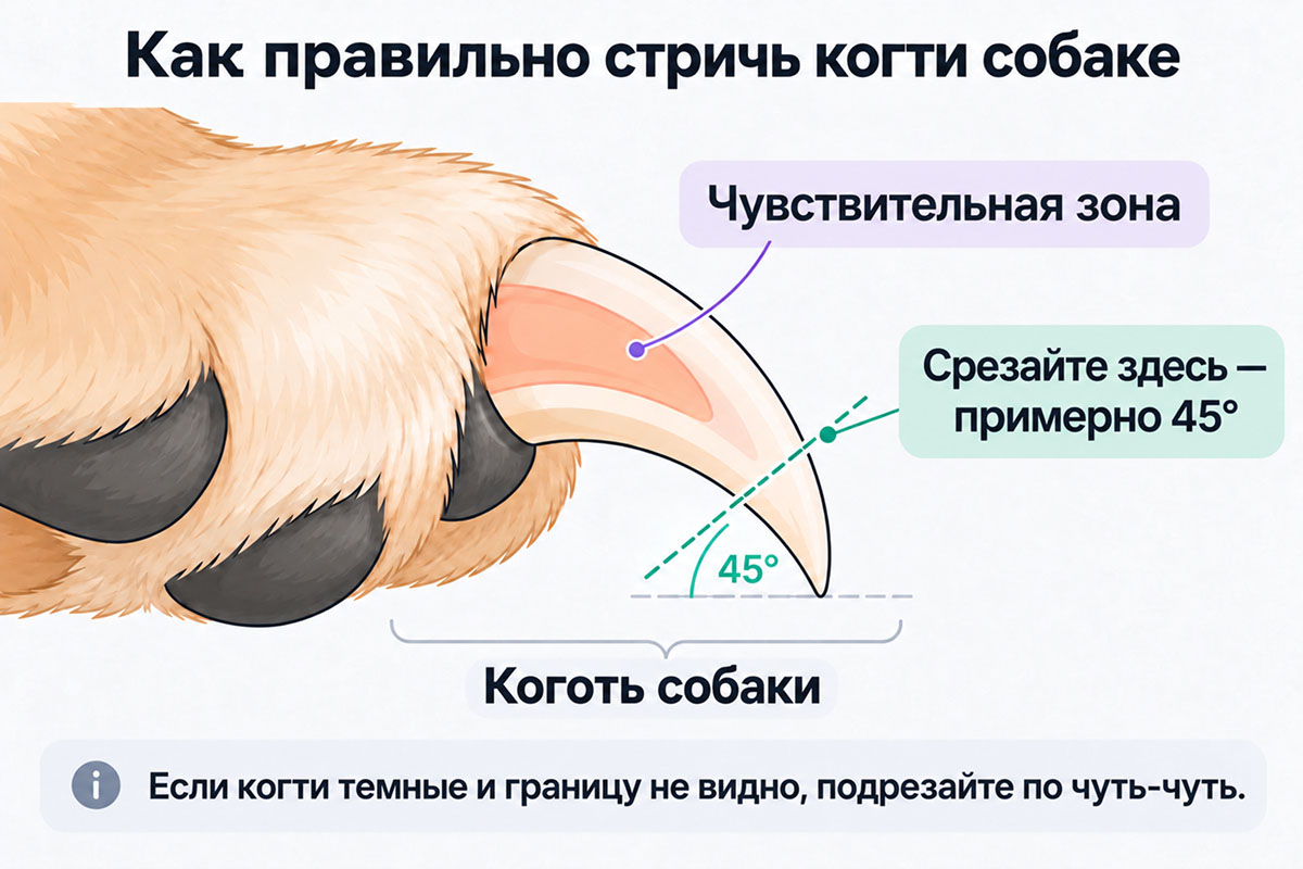 Инфографика «Как правильно стричь когти собаке»: строение когтя, чувствительная зона и линия среза под углом 45 градусов. 