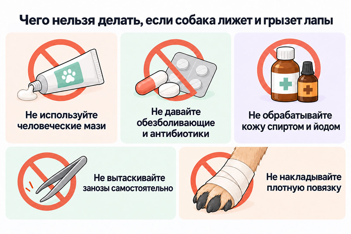 Инфографика «Чего нельзя делать, если собака лижет и грызет лапы»: запрет на человеческие мази, лекарства без назначения врача, спирт и йод, самостоятельное удаление заноз и плотные повязки.