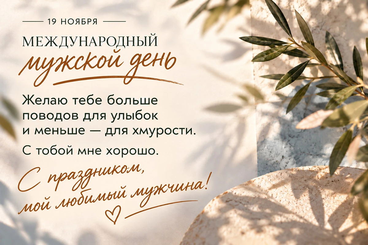 Романтическая открытка с Международным мужским днем с поздравлением любимому мужчине на светлом фоне