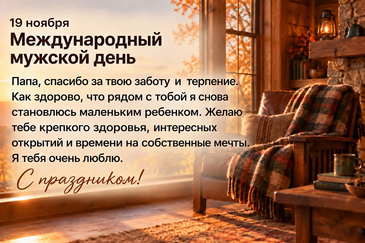 Поздравительная открытка с Международным мужским днем для папы на фоне уютной комнаты 