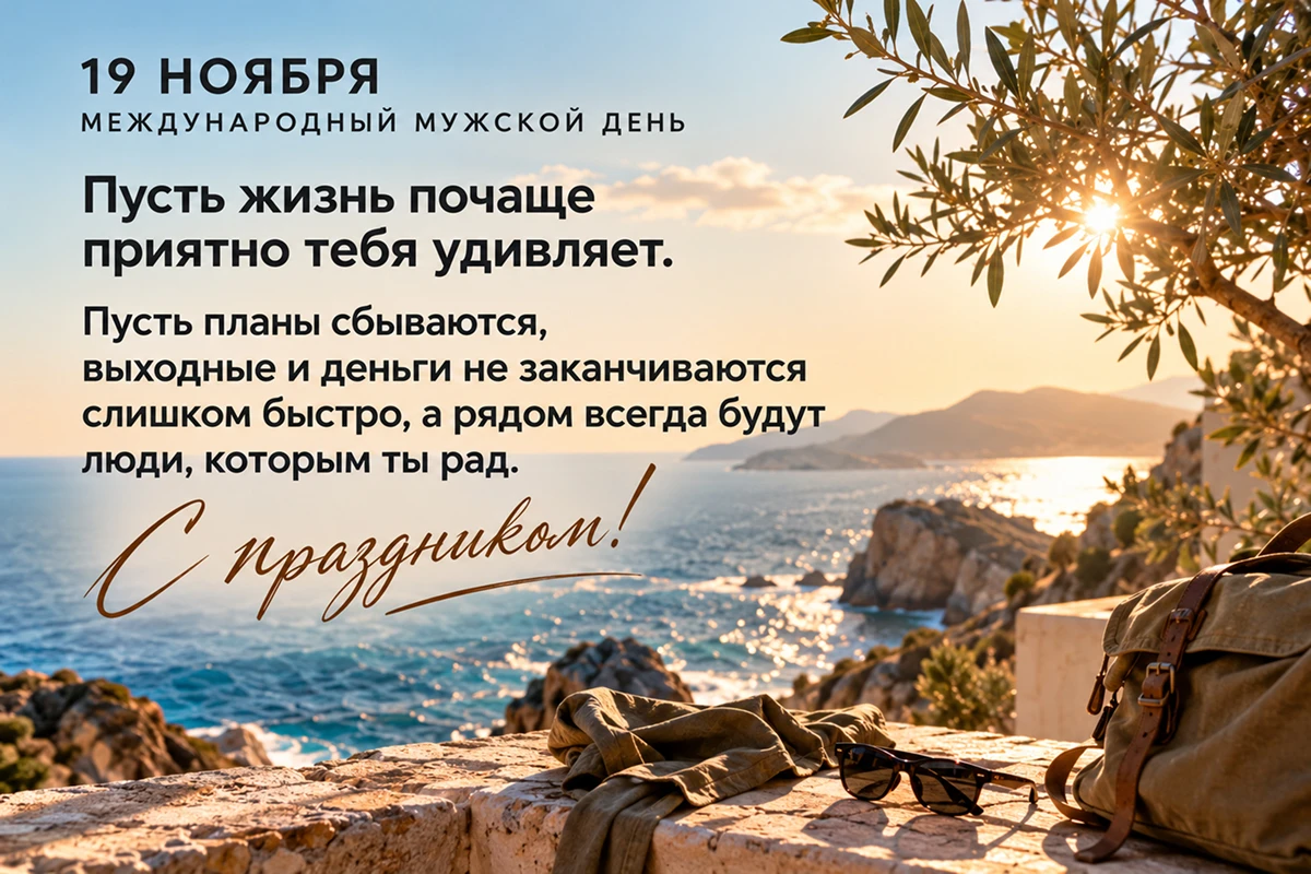 Поздравительная открытка с Международным мужским днем 19 ноября с пожеланиями на фоне морского пейзажа на закате