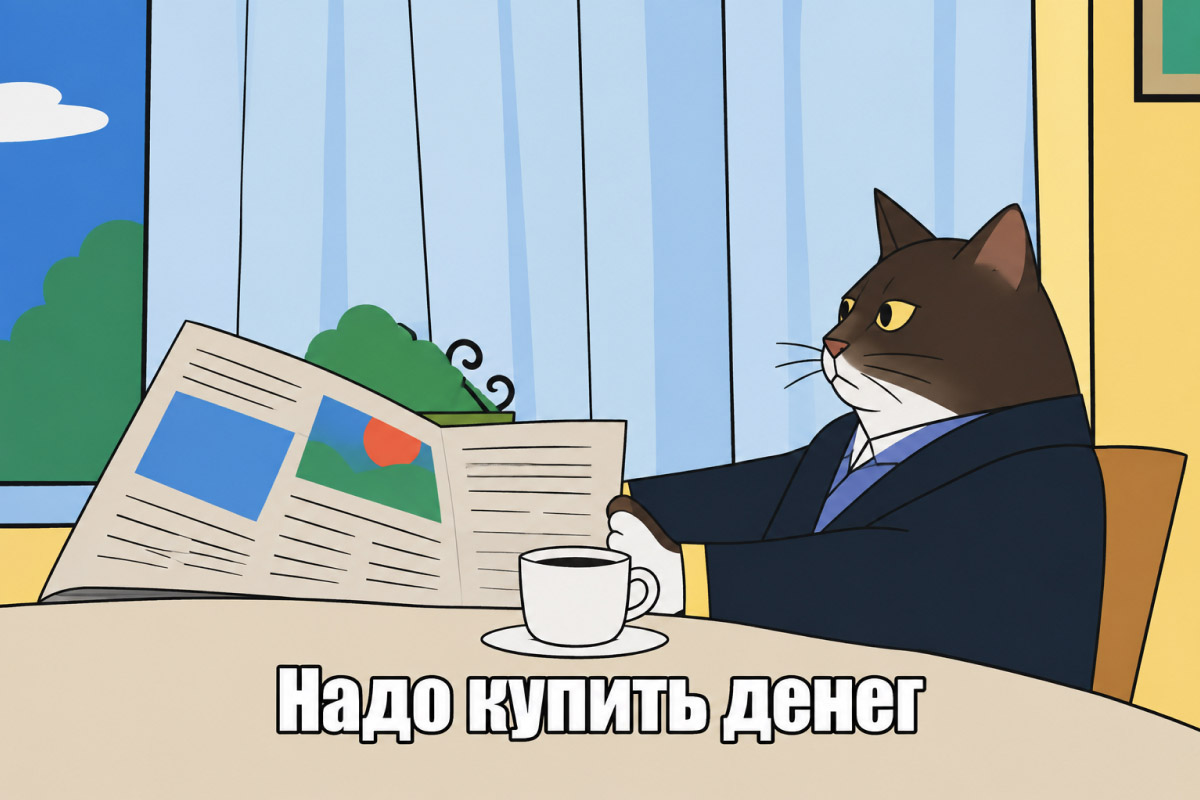 Мем кот за столом читает газету, думает: «Надо купить денег»