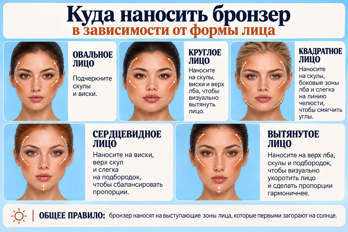 Схемы нанесения бронзера на разные формы лица