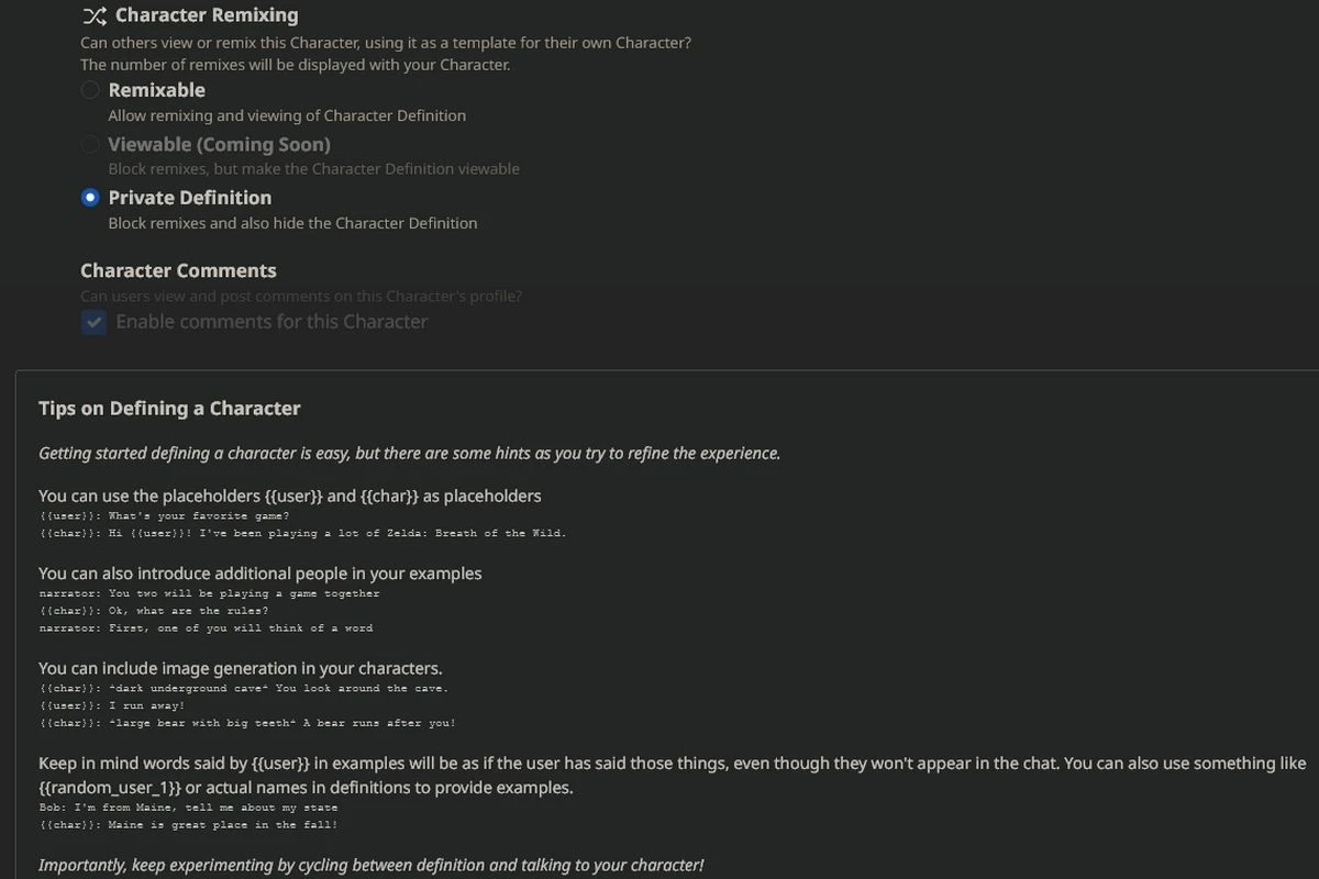character.ai Как писать определение