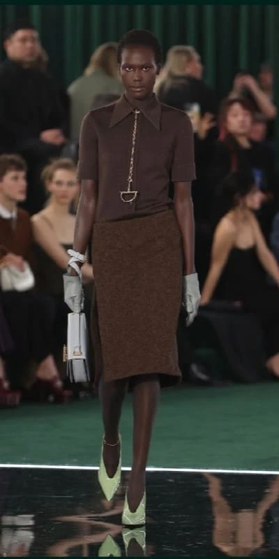 Коричневый тотал-лук с узкой юбкой. Источник: gucci.com