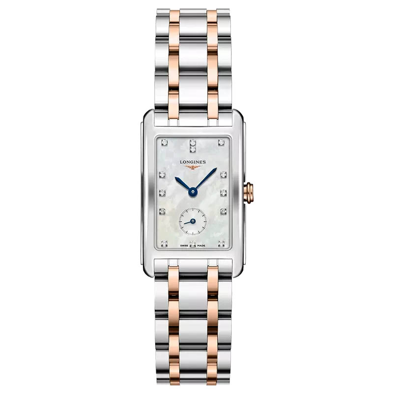 Longines L5.512.5.87.7 DolceVita — швейцарские часы прямоугольной формы с перламутровым циферблатом, бриллиантами и позолотой. Источник: sibtime.ru