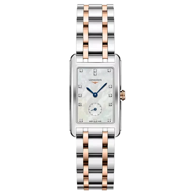 Longines L5.512.5.87.7 DolceVita — швейцарские часы прямоугольной формы с перламутровым циферблатом, бриллиантами и позолотой. Источник: sibtime.ru