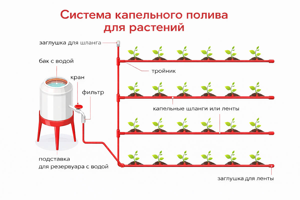Схема капельного полива. Источник: нейросеть