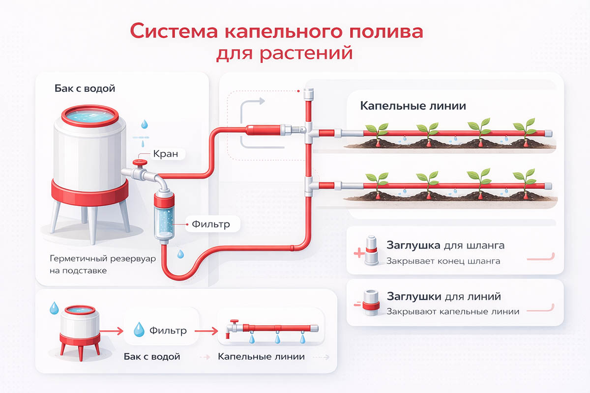 Схема капельного полива. Источник: нейросеть