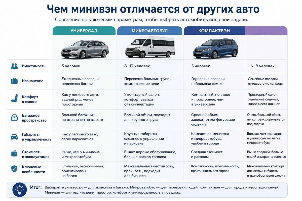Отличия минивэна от седана, кроссовера, универсала, микроавтобуса и компактвэна. Источник: нейросеть