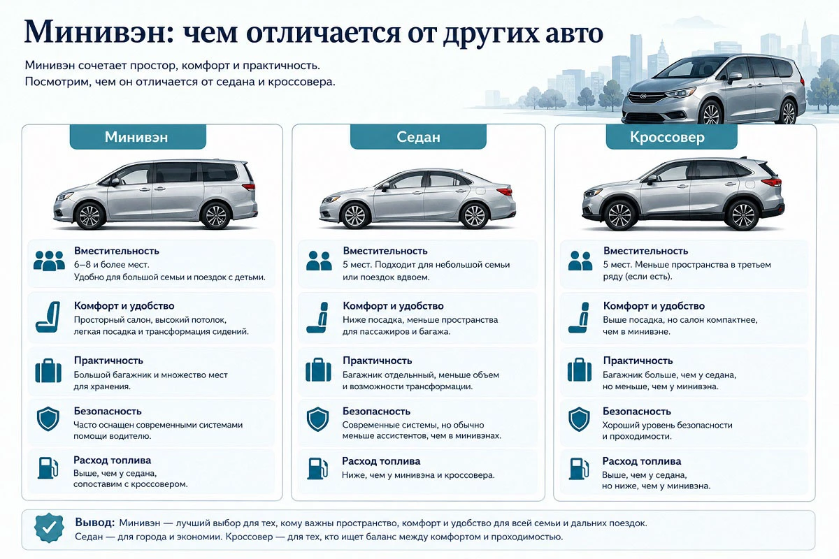 Отличия минивэна от седана, кроссовера, универсала, микроавтобуса и компактвэна. Источник: нейросеть
