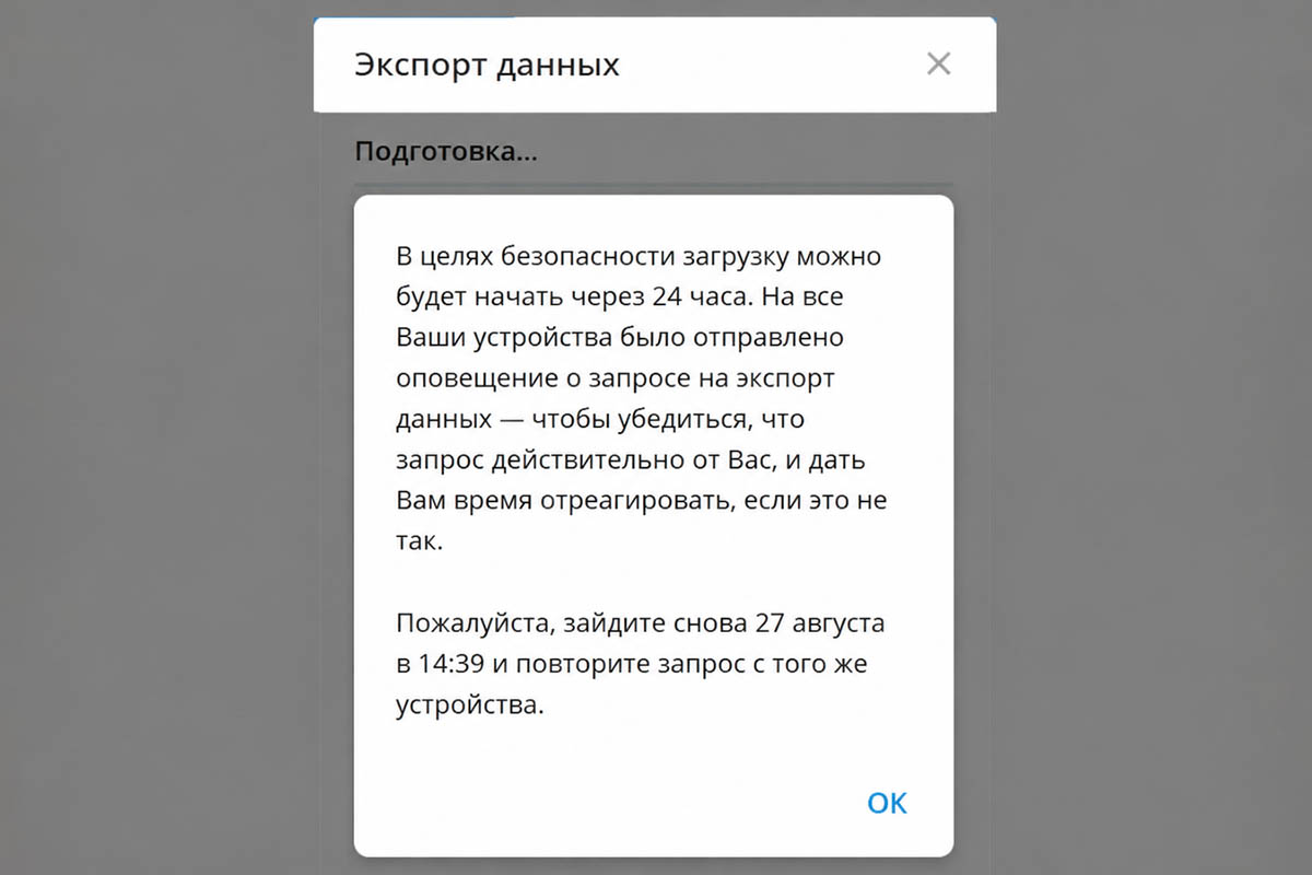 Предупреждение Telegram о необходимости подождать. Источник: Telegram
