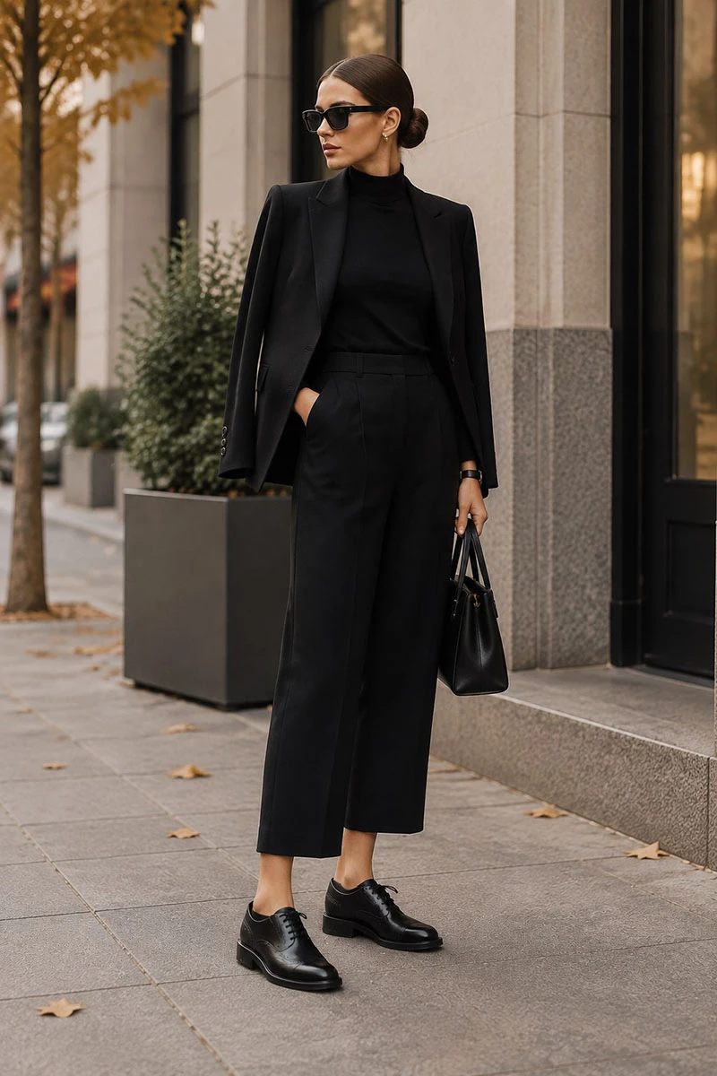 <p><span style="font-weight: 400;">Элегантный образ. Брюки могут быть любые: и удлиненные, и узкие, и широкие палаццо. Источник: нейросеть</span></p>