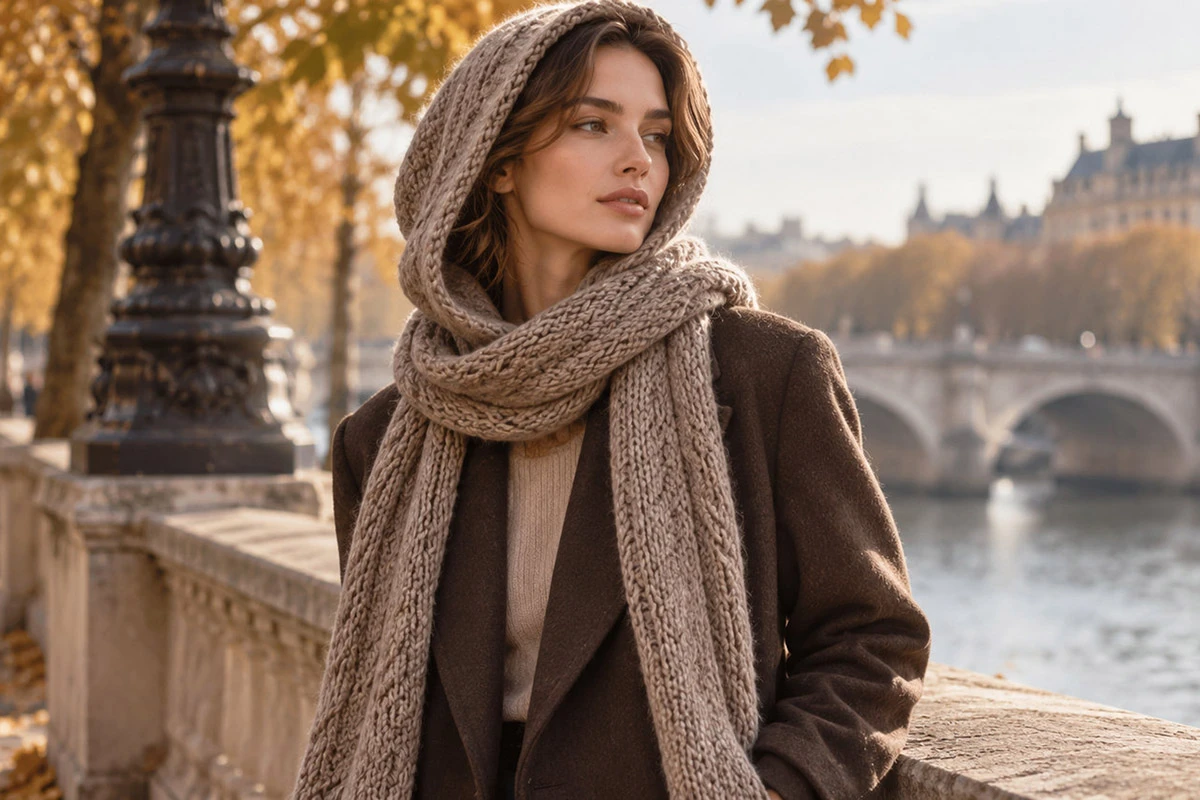 <span style="font-weight: 400;">В помещении шарф-капюшон достаточно откинуть на плечи, не снимая целиком. Источник: нейросеть </span>