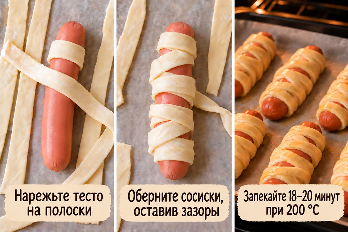 <p><span style="font-weight: 400;">Как готовить сосиски-мумии на Хеллоуин. Источник: нейросеть</span></p>