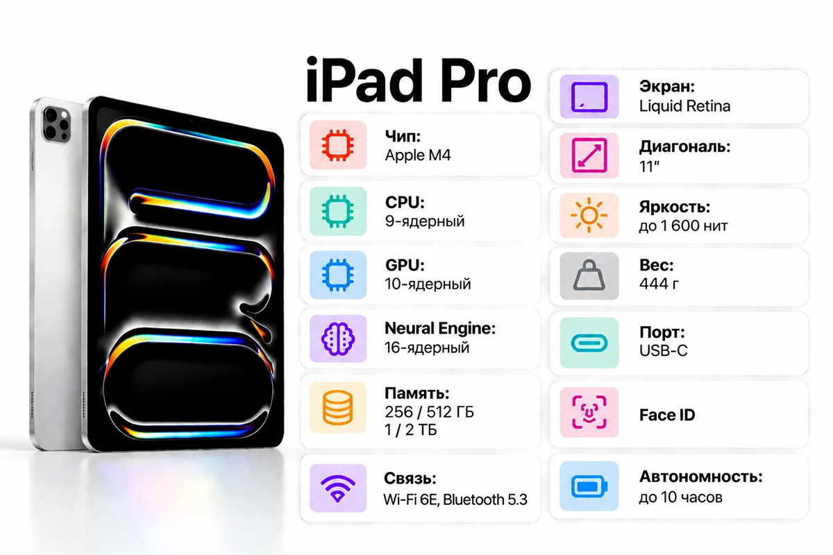 <span style="font-weight: 400;">Описание: Основные характеристики iPad Pro 11 (M4). Источники: apple.com, нейросеть</span>