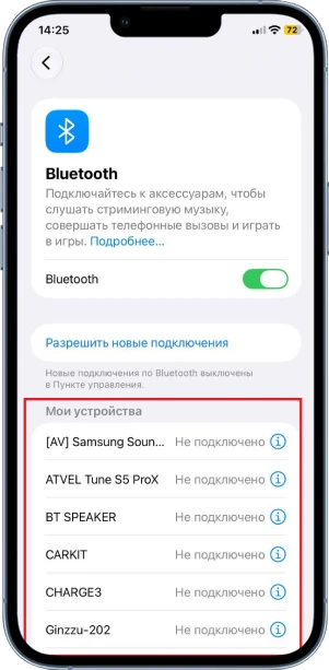 <span style="font-weight: 400;">Выберите устройство, к которому хотите подключиться. Источник: настройки iOS</span>
