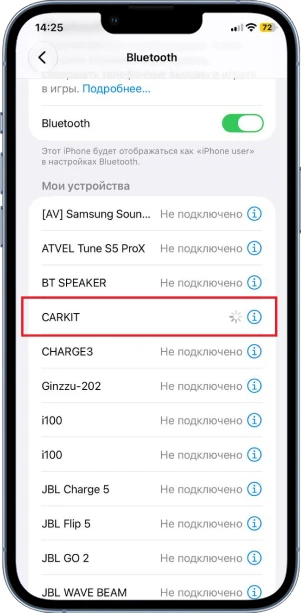 <span style="font-weight: 400;">Подключитесь к блютусу машины. Источник: настройки iOS</span>