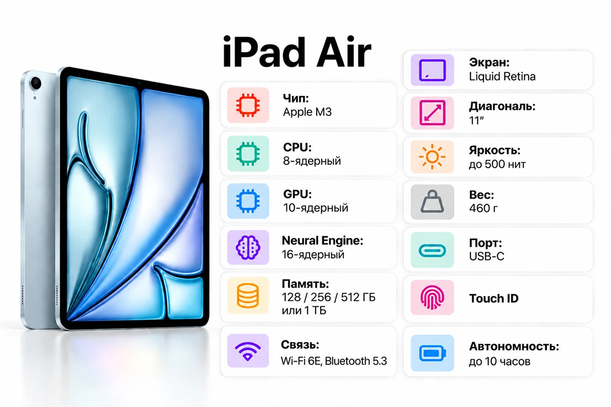 <span style="font-weight: 400;">Описание: Основные характеристики моего iPad Air 11 (М3). Источники: apple.com, нейросеть</span>